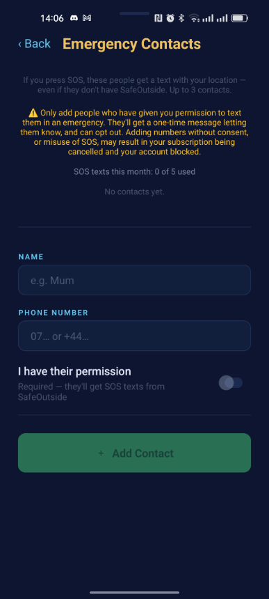 mobile emergency contacts in the SafeOutside app