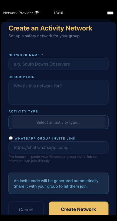 mobile creating an activity network in SafeOutside