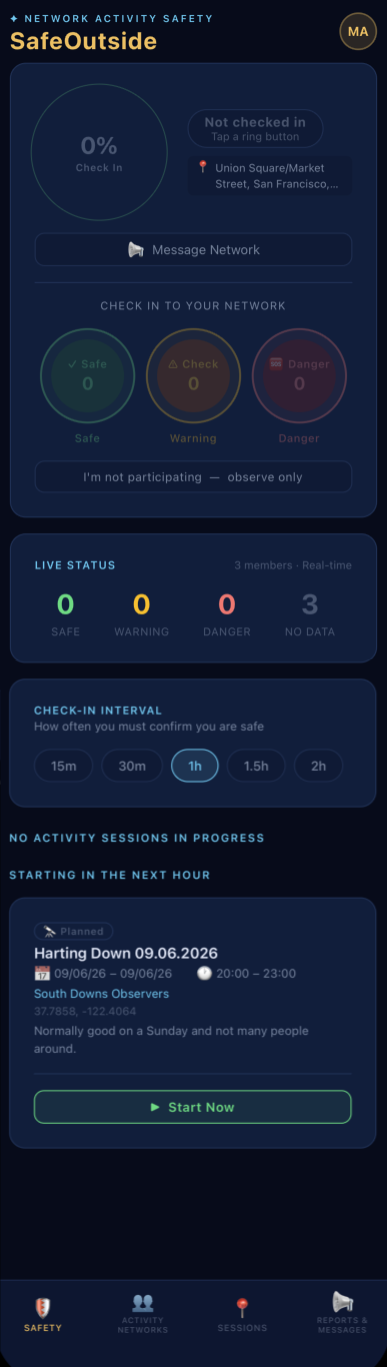 mobile dashboard in the SafeOutside app