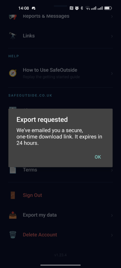 mobile data export in the SafeOutside app
