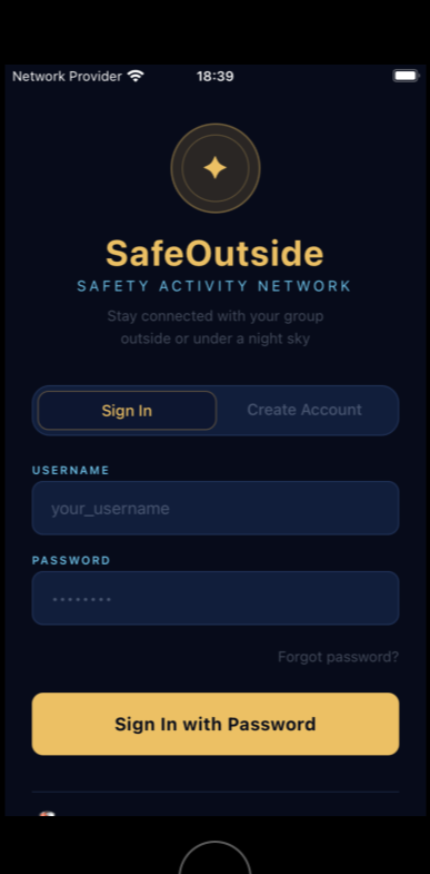 mobile login/register to SafeOutside