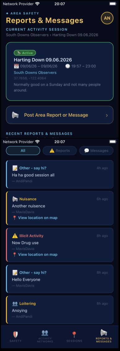mobile sending reports and messages in the SafeOutside app
