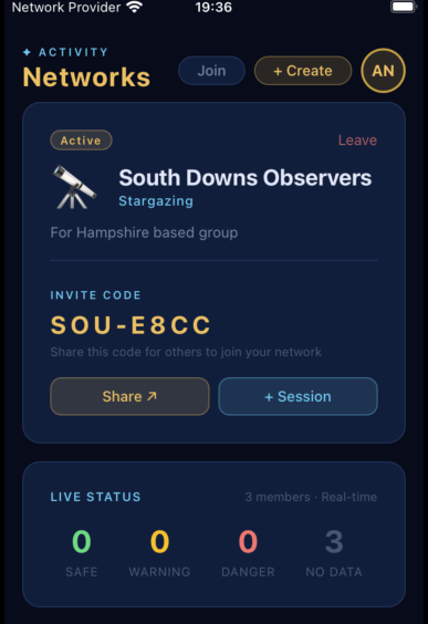 mobile sharing an activity network in SafeOutside